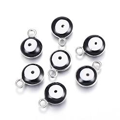 Black 304 Stainless Steel Enamel Charms, Flat Round with Evil Eye, Stainless Steel Color, Black, 8.5x6x4mm, Hole: 1mm