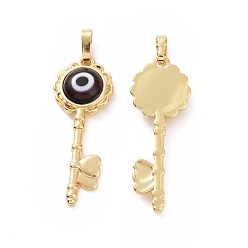 Coconut Brown Handmade Evil Eye Lampwork Pendants, with Real 18K Gold Plated Tone Brass Findings, Key Charm, Coconut Brown, 33x12x4mm, Hole: 4x6mm