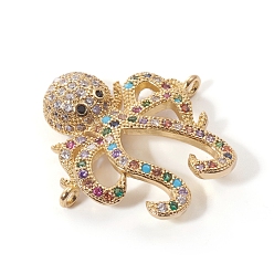 Golden Brass Micro Pave Cubic Zirconia Links connectors, Octopus, Colorful, Golden, 22.5x23x5mm, Hole: 1.2mm