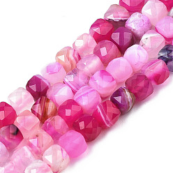Hot Pink Natural Banded Agate/Striped Agate Beads Strands, Faceted, Dyed, Cube, Hot Pink, 5~6x5~6x5~6mm, Hole: 1mm, about 61pcs/strand, 12.60 inch~12.80 inch(32~32.5cm)