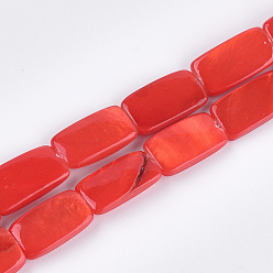 Orange Red Spray Painted Freshwater Shell Beads, Rectangle, Orange Red, 14~15x7~8.5x3mm, Hole: 0.5mm, about 20~26pcs/strand, 12 inch~15.5 inch