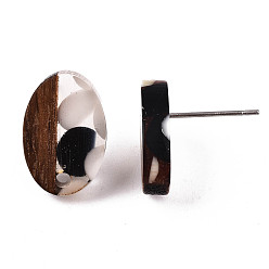 Black Resin & Walnut Wood Stud Earring Findings, with 304 Stainless Steel Pin, Oval, Black, 15x10mm, Hole: 1.8mm, Pin: 0.7mm
