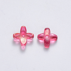 Red Transparent Spray Painted Glass Beads, with Glitter Powder, Clover, Cerise, 8x8x3mm, Hole: 0.9mm