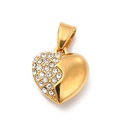 Golden 304 Stainless Steel Pendants, with Crystal Rhinestone, Heart Charms, Golden, 18.5x17x7.5mm, Hole: 7x4.5mm