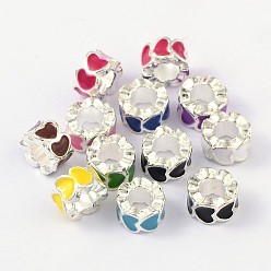 Mixed Color Alloy Enamel European Beads, Large Hole Beads, Column, Silver Color Plated, Mixed Color, 10x6mm, Hole: 5mm