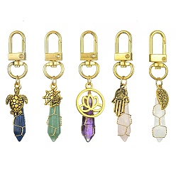 Antique Golden & Golden Copper Wire Wrapped Gemstone Bullet Pendant Decorations, Tibetan Style Alloy and Swivel Clasps Charms, Mixed Shapes, Antique Golden & Golden, 73~75mm