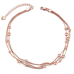 Oro Rosa Tobillera de plata de ley shegrace 925 con cadena de triple capa y cuentas, oro rosa, 8-1/4 pulgada (21 cm)