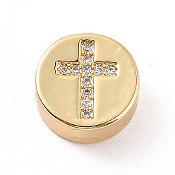 Clear Rack Plating Brass Micro Pave Cubic Zirconia Beads, Cadmium Free & Lead Free, Real 18K Gold Plated, Flat Round with Cross Pattern, Clear, 11x5mm, Hole: 2mm