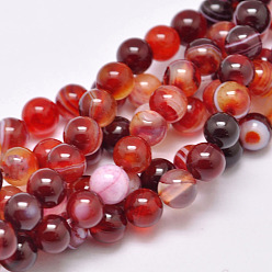 FireBrick Natural Striped Agate/Banded Agate Bead Strands, Dyed & Heated, Round, Grade A, FireBrick, 8mm, Hole: 1mm, about 48pcs/strand, 15.1 inch(385mm)