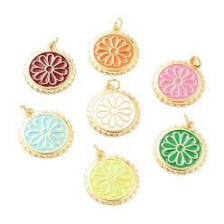 Mixed Color Real 18K Gold Plated Brass Pendants, with Enamel, Long-Lasting Plated, Flat Round with Flower, Mixed Color, 22.5x19.5x2mm, Jump Ring: 5x1mm, 3mm Inner Diameter