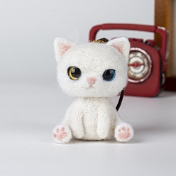 Blanc Kit de démarrage de feutrage à l'aiguille en forme de chat de dessin animé (sans instruction), avec aiguilles et sangle de téléphone, kit de feutrage à l'aiguille pour les arts débutants, blanc, 116x85mm