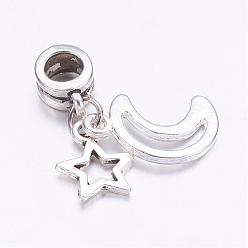 Antique Silver Tibetan Style Alloy European Dangle Charms, Star & Moon, Antique Silver, 29mm, Hole: 4.5mm