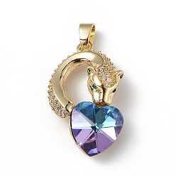 Medium Purple Real 18K Gold Plated Rack Plating Brass Micro Pave Clear Cubic Zirconia Pendants, with Glass, Long-Lasting Plated, Cadmium Free & Lead Free, Leopard with Heart Charm, Medium Purple, 28.5x17.5x8mm, Hole: 5x3.2mm