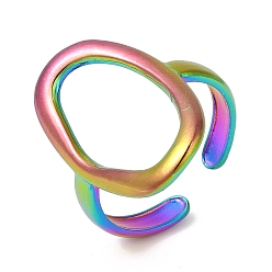 Rainbow Color Ion Plating(IP) 201 Stainless Steel Finger Ring, Cuff Rings, Hollow Irregular Oval Rings for Men Women, Rainbow Color, US Size 7(17.3mm), 3mm