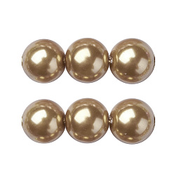 Oro Hebras redondas de perlas de vidrio teñido ecológico, Grado A, cordón de algodón rosca, oro, 8 mm, agujero: 0.7~1.1 mm, sobre 52 unidades / cadena, 15 pulgada