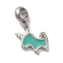 Light Sea Green 304 Stainless Steel Enamel European Dangle Charms, Large Hole Pendants with Crystal Rhinestone, Unicorn, Stainless Steel Color, Light Sea Green, 26mm, Pendant: 15x16x2.5mm, Hole: 4.5mm