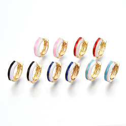 Mixed Color Brass Huggie Hoop Earrings, with Two Tone Enamel, Real 18K Gold Plated, Mixed Color, 15x16.5x5mm, Pin: 1x1mm