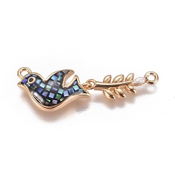 Golden Brass Micro Pave Cubic Zirconia Links, with Abalone Shell/Paua Shell, Bird with Leaf, Golden, 17x32x3.5mm, Hole: 1.4mm
