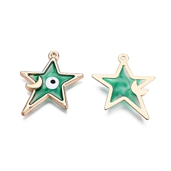 Green Alloy Enamel Pendants, Golden, Star with Moon and Evil Eye, Green, 28.5x24x2mm, Hole: 1.5mm