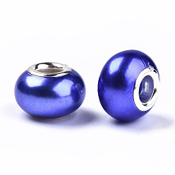 Blue Imitation Pearl Style Resin European Beads, Large Hole Rondelle Beads, with Silver Tone Brass Double Cores, Blue, 14x9mm, Hole: 5mm