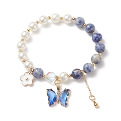 Punto Piedra Azul Pulsera elástica con cuentas redondas de perlas de concha y jaspe azul natural, pulsera de dijes de flores de latón y mariposa de cristal para mujer, diámetro interior: 2 pulgada (5.1 cm)
