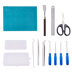 Mixed Color Tool Sets, PVC Cutting Mat, Stainless Steel Ruler and Scissors, Metal Shovel and Other Tools, Mixed Color, 10x17.5x2.2cm