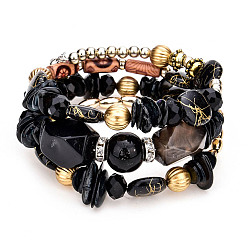Noir Bracelet style wrap à trois boucles en perles d'alliage et de résine, bracelet style bohème pour femme, noir, 7-1/8 pouce (18 cm)