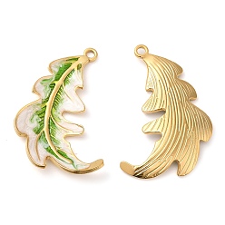 Yellow Green 304 Stainless Steel Enamel Pendants, Real 18K Gold Plated, Feather Charm, Yellow Green, 38x27x3mm, Hole: 2mm