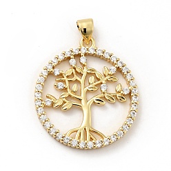 Real 18K Gold Plated Rack Plating Brass Micro Pave Cubic Zirconia Pendants, Long-Lasting Plated, Lead Free & Cadmium Free, Round Ring with Tree of Life, Real 18K Gold Plated, 28.5x25x2.5mm, Hole: 3.5x4mm