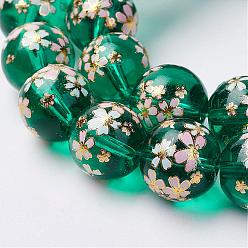Green Handmade Lampwork Beads Strands, Flower Picture Brushwork, Round, Green, 11~12mm, Hole: 1mm, about 30pcs/strand, 13.31 inch(33.8cm)