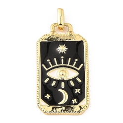 Black Rack Plating Brass Pendants, with Enamel, Long-Lasting Plated, Cadmium Free & Lead Free, Real 18K Gold Plated, Rectangle with Eye Charm, Black, 26.5x14x2mm, Hole: 2x1.5mm