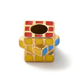 Golden Ion Plating(IP) 304 Stainless Steel Enamel European Beads, Large Hole Beads, Tweakcube, Golden, 8.5x11.5x11.5mm, Hole: 5mm