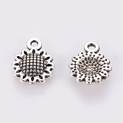 Antique Silver Tibetan Style Alloy Charms, Cadmium Free & Lead Free, Sunflower, Antique Silver, 12x9x2mm, Hole: 1mm