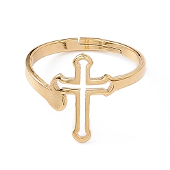 Real 18K Gold Plated Ion Plating(IP) 201 Stainless Steel Hollow Out Cross Adjustable Ring for Women, Real 18K Gold Plated, US Size 6 1/4(16.7mm)