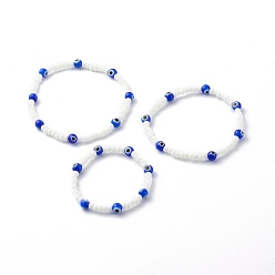 Blue Glass Beads & Handmade Lampwork Beads Stretch Bracelets Set for Parents & Kid, Evil Eye, Blue, Inner Diameter: 1-3/4 inch(4.5~7.2cm), 3pcs/set