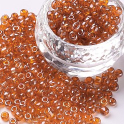 Orange Glass Seed Beads, Trans. Colours Lustered, Round, Orange, 4mm, Hole: 1.5mm, about 4500pcs/pound