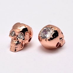Real Rose Gold Plated Brass Beads, Micro Pave Grade AAA Cubic Zirconia, Skull, Cadmium Free & Nickel Free & Lead Free, Real Rose Gold Plated, 12.5x9x10mm, Hole: 2mm
