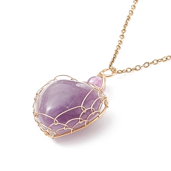 Amethyst Copper Wire Wrapped Natural Amethyst Heart Pendant Necklaces, Golden Plated 304 Stainless Steel Necklace for Women, 17.52 inch(44.5cm), 1.5mm