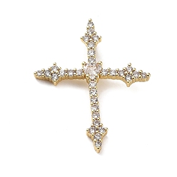Real 18K Gold Plated Rack Plating Brass Micro Pave Cubic Zirconia Pendants, Cross Charms, Long-Lasting Plated, Cadmium Free & Lead Free, Real 18K Gold Plated, 32.5x26.5x7mm, Hole: 5x3mm