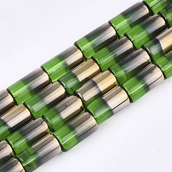 Green Half Electroplate Glass Beads Strands, Column, Green, 19.5~20x10mm, Hole: 1.4mm, about 15~17pcs/strand, 13.39 inch(34cm)