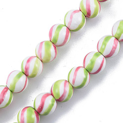 Light Green Handmade Porcelain Bead Strands, Famille Rose Style, Round with Stripe Pattern, Light Green, 10.5mm, Hole: 2mm, about 30pcs/strand, 11.81 inch(30cm)