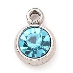 Aquamarine 304 Stainless Steel Charms, with Acrylic Rhinestone, Birthstone Charms, Faceted, Flat Round, Stainless Steel Color, Aquamarine, 8.2x6x3.5mm, Hole: 1.2mm