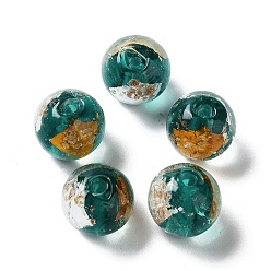 Bleu Vert Handmade lampwork perle, une feuille d'or, ronde, sarcelle, 11.5~12x11~11.5mm, Trou: 1.8~2mm