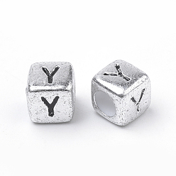 Letter Y Plated Acrylic Beads, Horizontal Hole, Cube with Letter, Antique Silver, Letter.Y, 6mm, Hole: 3mm, about 3000pcs/500g