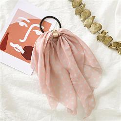 Pink Polka Dot Pattern Cloth Elastic Hair Accessories, for Girls or Women, with Iron Findings, Hair Ties with Long Tail, Knotted Bow Hair Scarf, Pink, 250mm