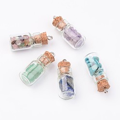 Mixed Color Glass Bottle Pendants, with Natural & Synthetic Gemstone Chip Beads and Iron Findings, Platinum, Mixed Color, 25x10mm, Hole: 1.5mm