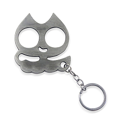 Argent Porte-clés de défense en forme de tête de chat en alliage, Porte-clés à breloque brise-vitre avec accessoires en fer, argenterie, 60x53mm