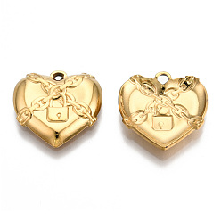 Chapado en Oro Real 18K 201 colgantes de acero inoxidable, encanto de corazón cerrado, real 18 k chapado en oro, 19.5x20x3.5 mm, agujero: 1.8 mm