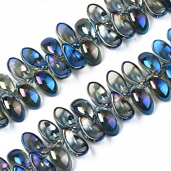 Plaqué Multicolore Perles en verre plaquent brin, demi-plaqué, feuille, multi-couleur plaquée, 6x12.5x4.5mm, Trou: 0.9mm, Environ 100 pcs/chapelet, 14.17 pouces ~ 15.35 pouces (36~39 cm)