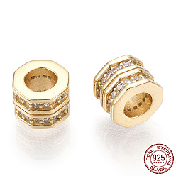 Real 18K Gold Plated 925 Sterling Silver Micro Pave Cubic Zirconia Beads, Octagon Column, Nickel Free, Real 18K Gold Plated, 6.5x6.5x5.5mm, Hole: 3.5mm